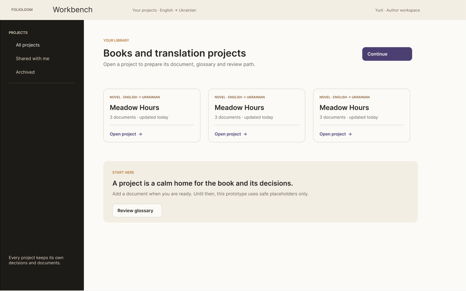 Illustrative Project Library concept showing long-form translation projects and their documents.
