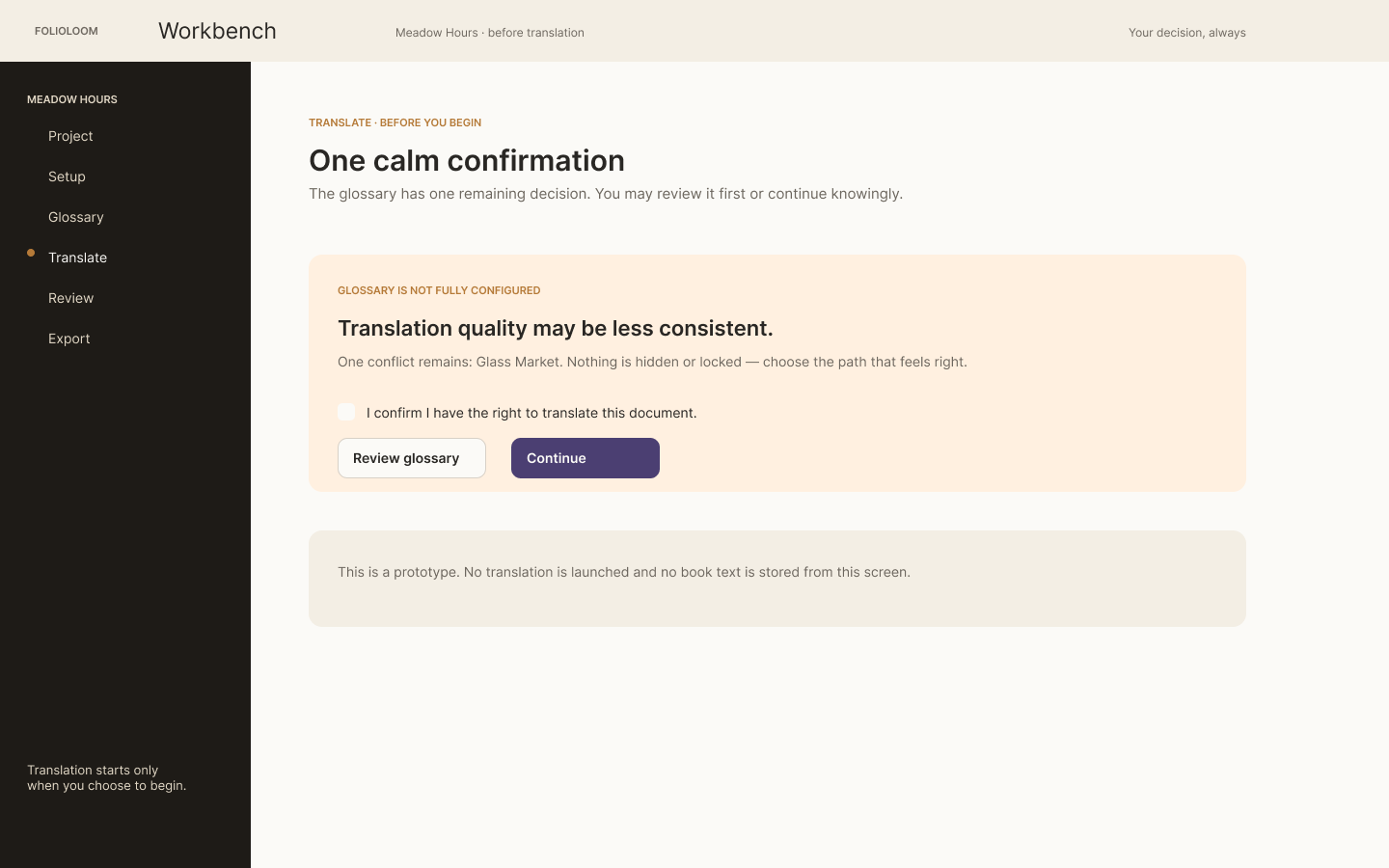 Illustrative Translate confirmation concept showing a review before an AI-assisted draft step.